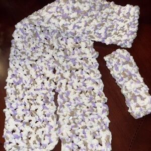 Handmade White and Purple Knit Scarf and Headband Set
